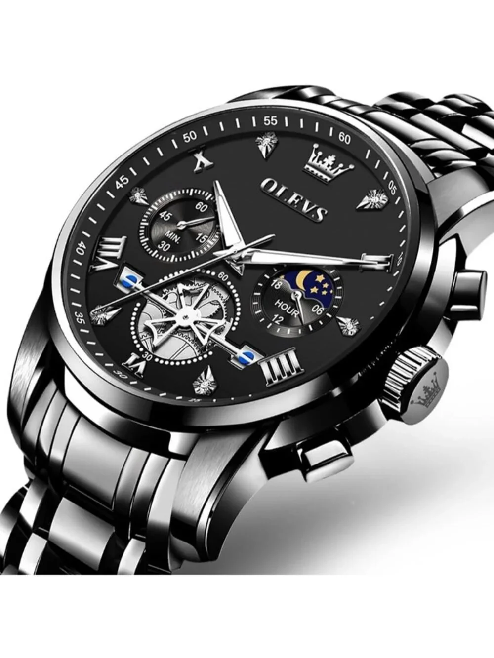 Men's Black Luxury Stainless Steel Analog Quartz Chronograph Waterproof Watch